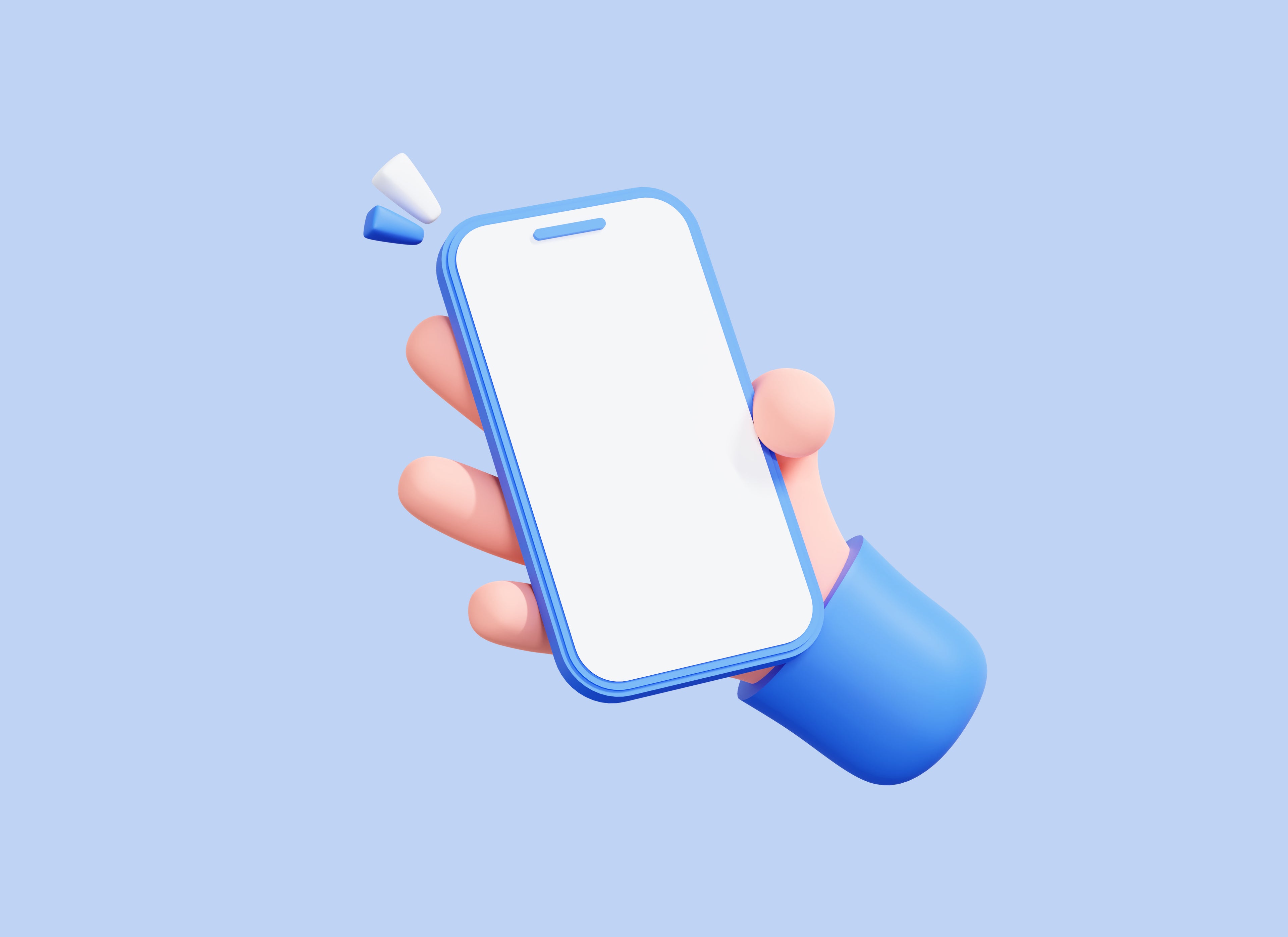 Hand holding a blue smartphone with blank screen on pastel background.