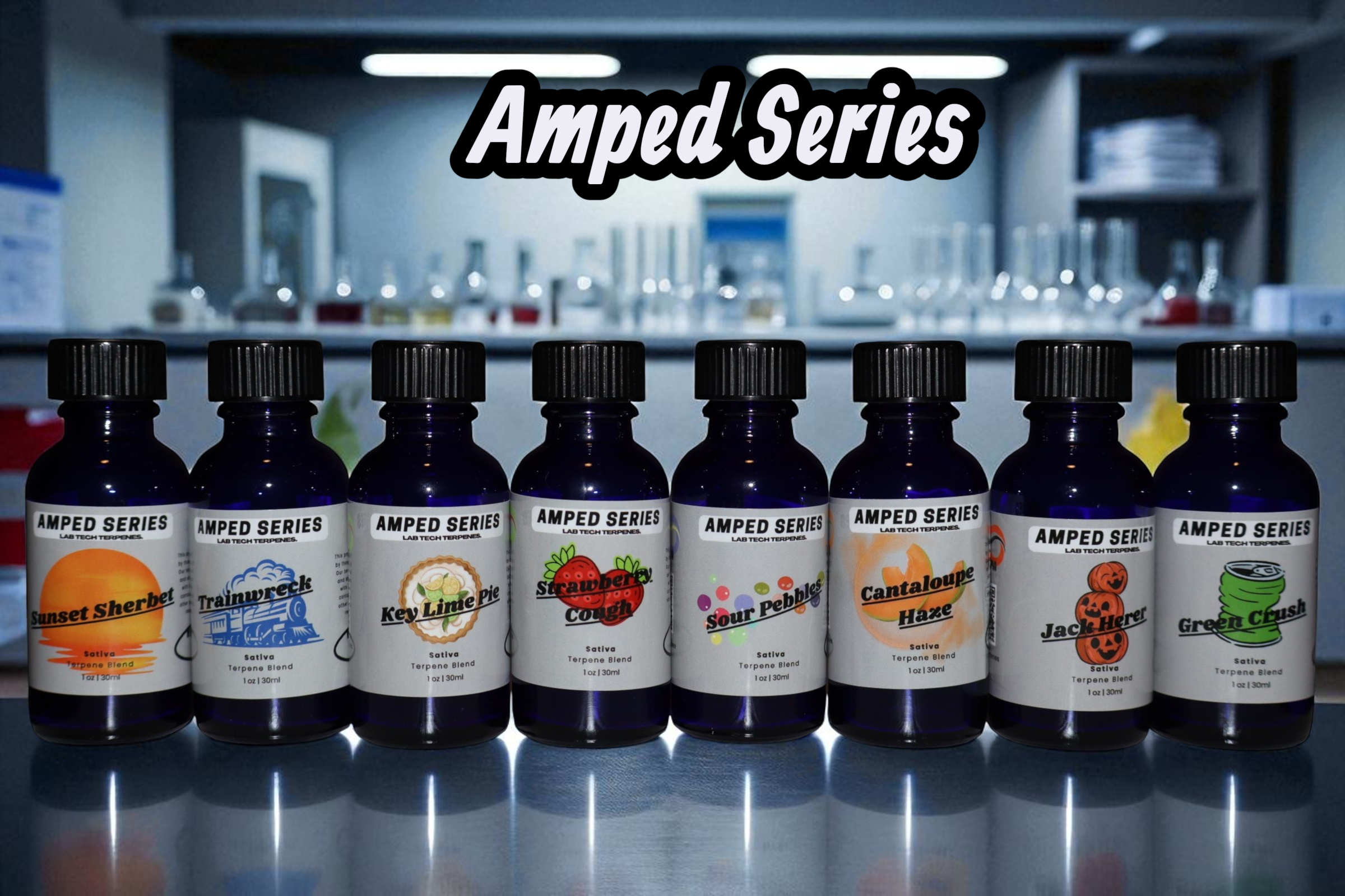 Custom vape flavor terpenes in bottles, Amped Series, ideal for premium vape brand packaging.