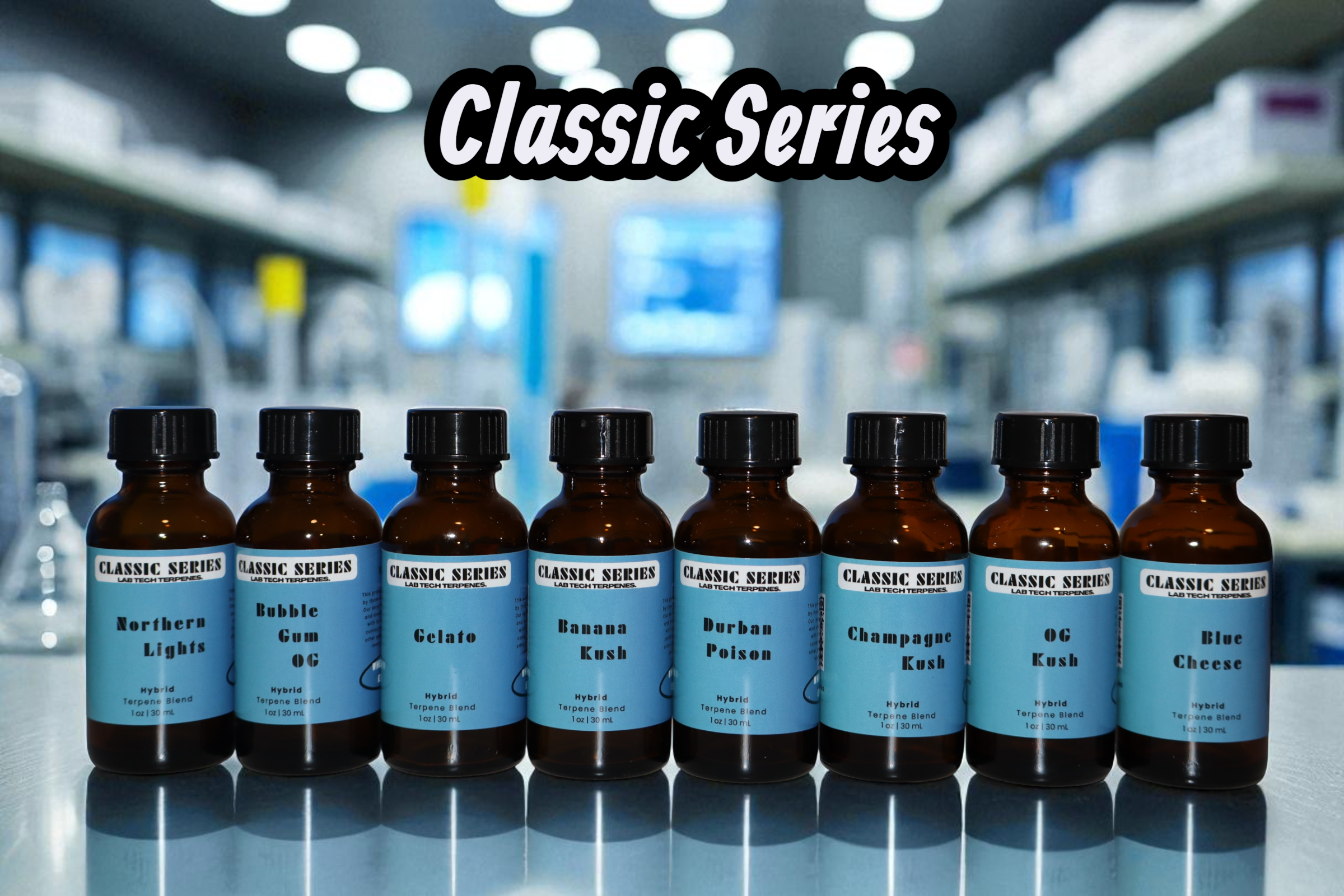Classic Series vape flavor bottles lineup, showcasing Northern Lights, Bubble Gum, Gelato, and more.