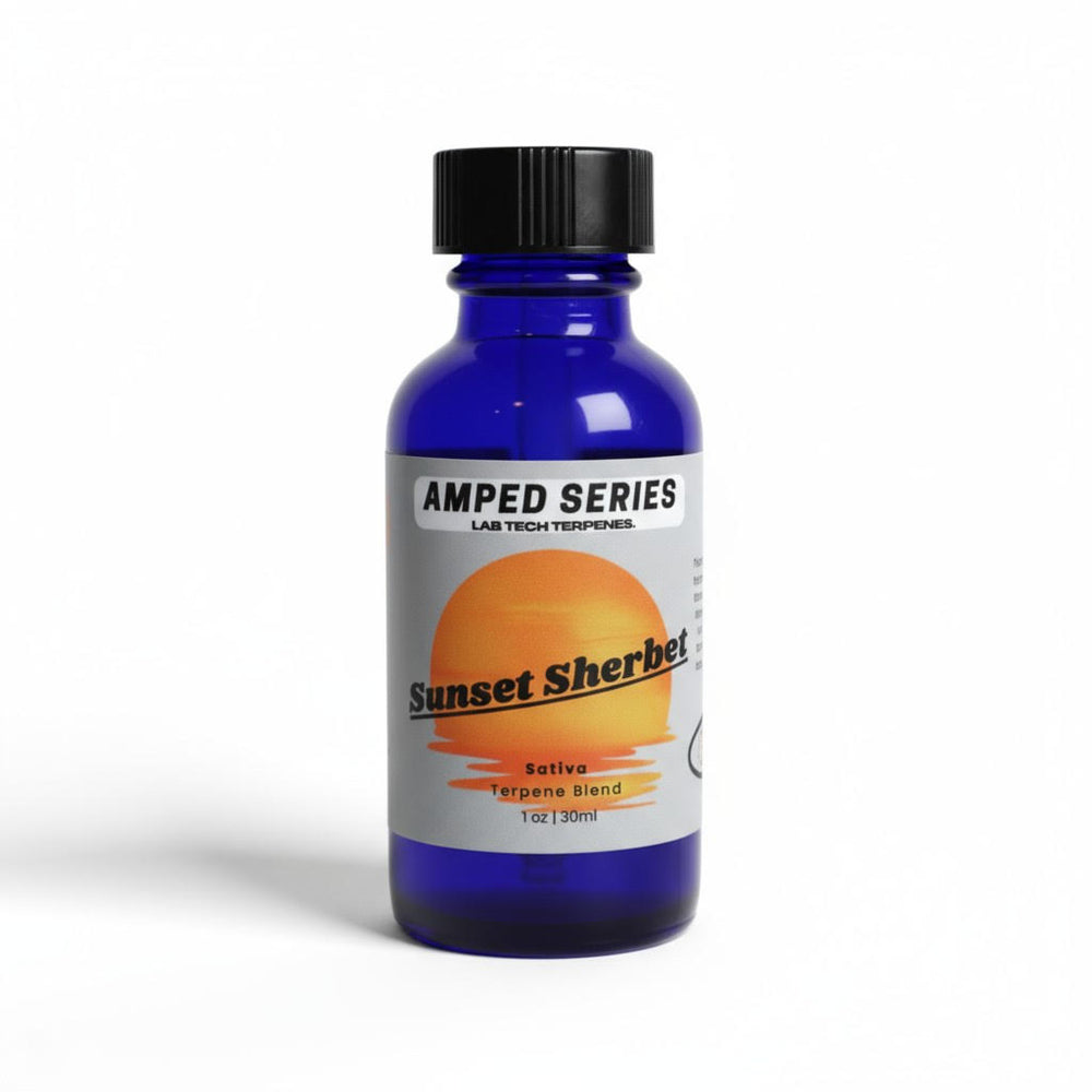 Sunset Sherbet vape terpene solutions in blue bottle