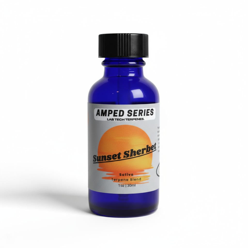 Sunset Sherbet vape terpene solutions in blue bottle