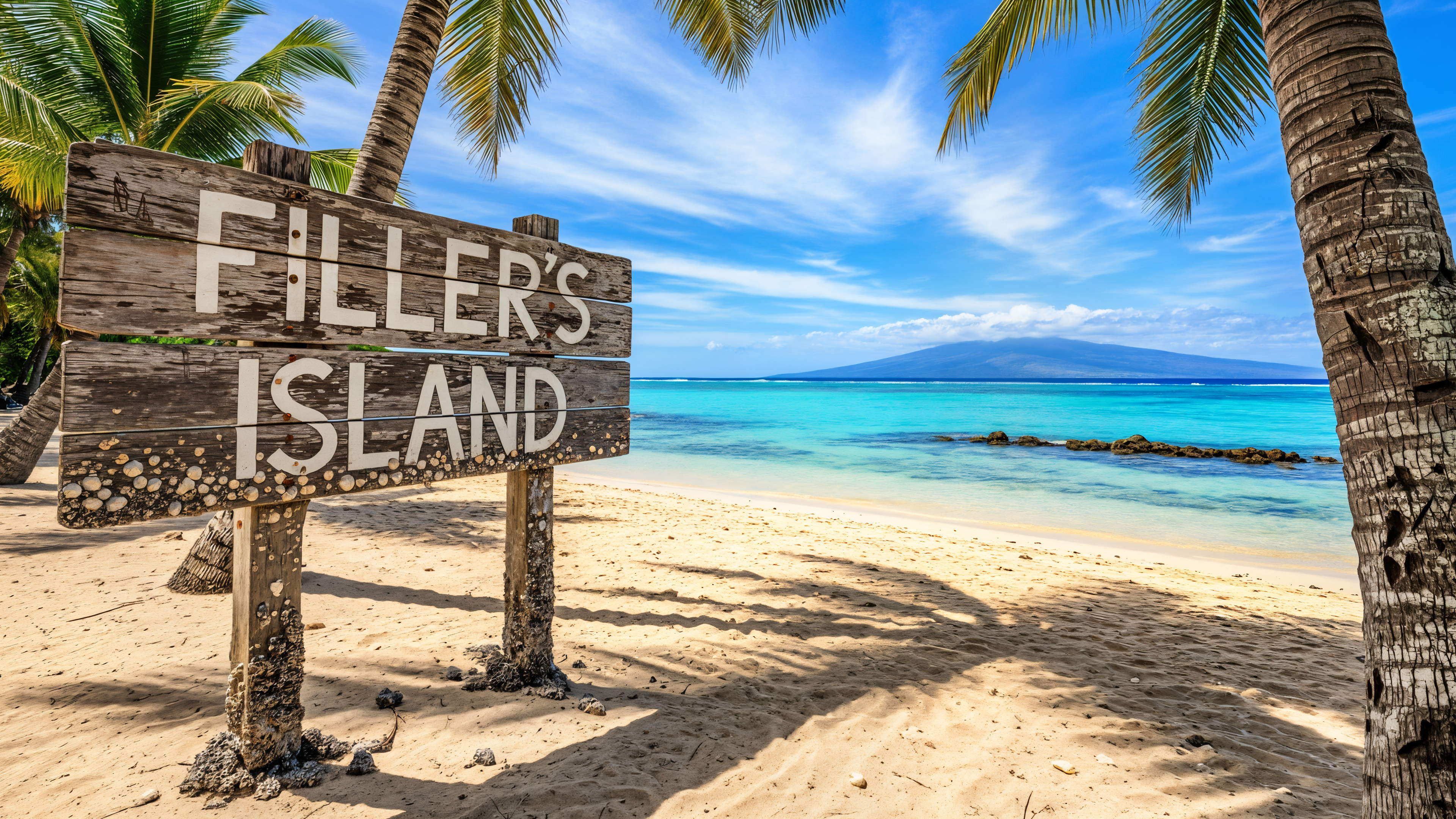 Filler's Island beach with palm trees and serene ocean view.